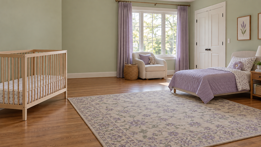 An empty shared bedroom with a separate clear crib and a low child’s bed in muted green and lavender.