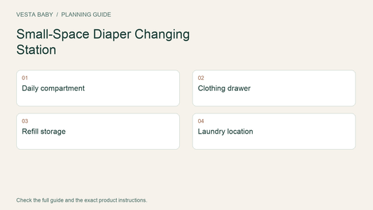 Planning diagram showing four storage zones: daily compartment, clothing drawer, refill storage, and laundry location.