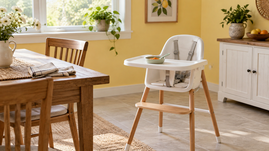 A bright dining nook with an empty high chair, small bowl and spoon, and clean cloths ready for a meal.