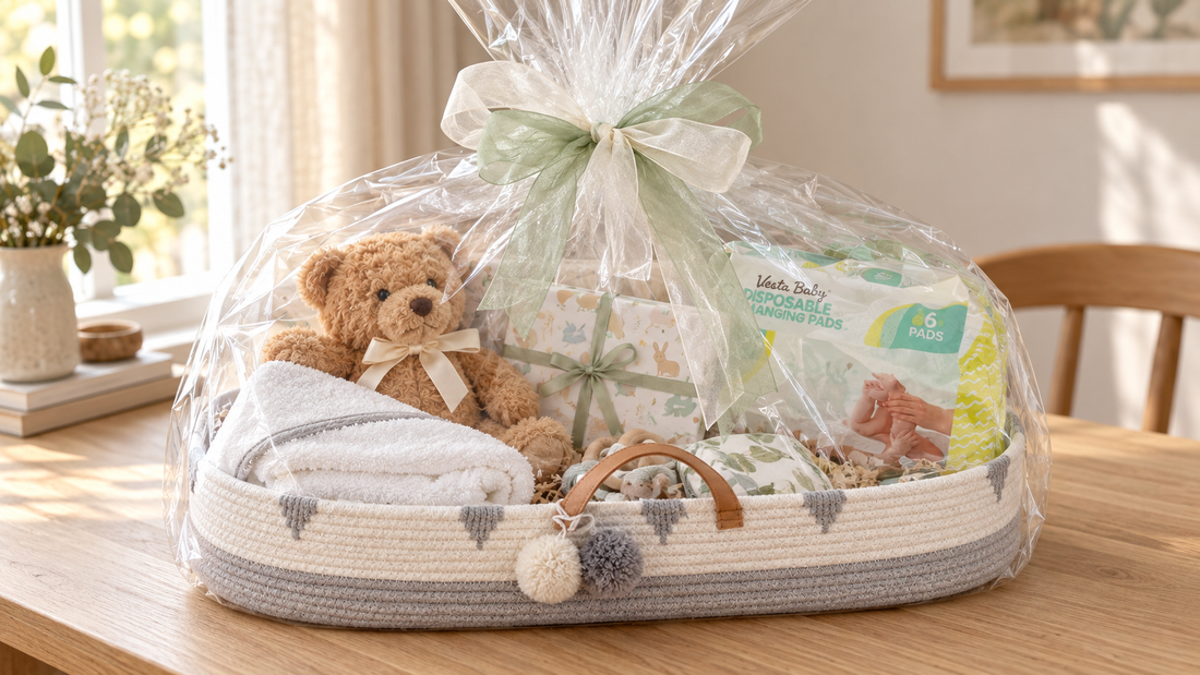 Baby shower gift arrangement in a gray and white rope basket with a teddy bear, towel, changing pads and a sage ribbon.