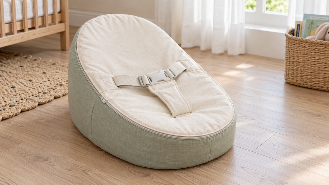 Illustrative nursery scene with an empty baby bean bag, a removable cream liner and a three-point harness.
