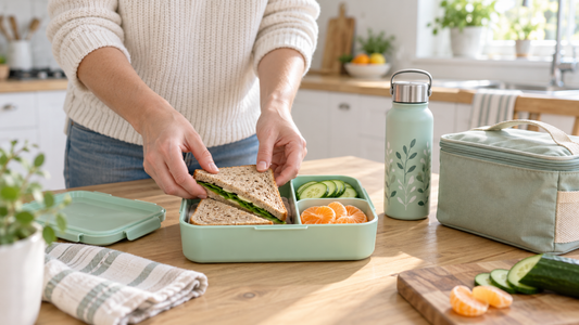 Illustrative scene of a parent packing a school lunch with a sandwich, cucumber and mandarin.