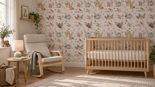 Woodland nursery concept with Forest Friends animal wallpaper, a natural wood crib, a cream reading chair and sage accents.