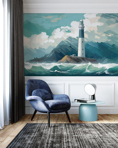 Ocean Lighthouse Blue Wallpaper Mural for Bathroom Decor