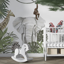 Cargar imagen en el visor de la galería, Kids Room Wall Mural showcasing Giraffe and Elephant Safari Scene
