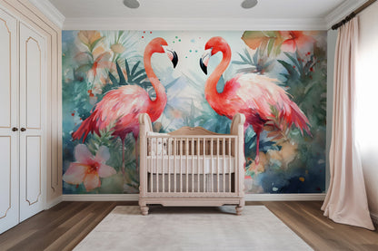 Watercolor Tropical Flamingo Mural