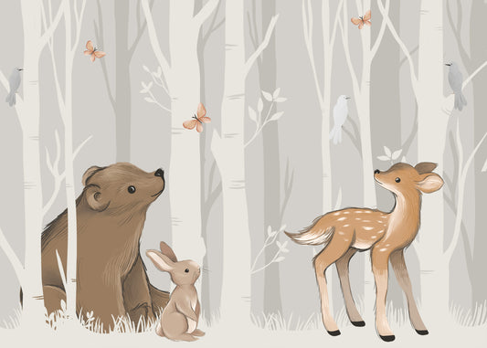 Gray & Beige Forest Animals Mural