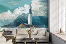 Cargar imagen en el visor de la galería, Bedroom Wall Decoration featuring Ocean Lighthouse Blue Mural
