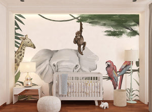 Adorable Kids Room Wall Art with Safari Animals in a Removable Mural