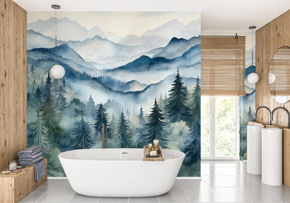 Eco-Friendly Watercolor Wallpaper Mural with Nature-Inspired Pine Tree Forest Motif