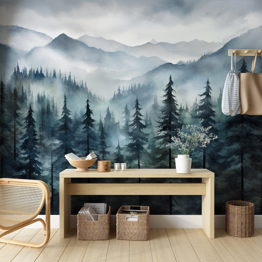 Misty Forest Wall Art with Watercolor Woodland Motif for Relaxing Ambiance