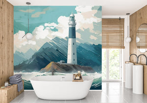 Living Room Wall Art with Renter-Friendly Ocean Lighthouse Wallpaper