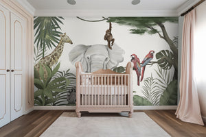 Whimsical Safari Animals Wallpaper Mural for Kids' Room with Giraffes, Elephants, and More