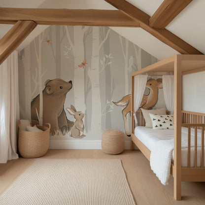 Gray & Beige Forest Animals Mural