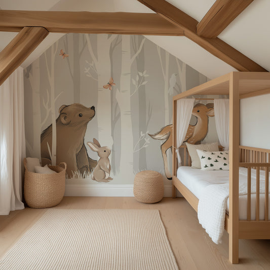 Gray & Beige Forest Animals Mural
